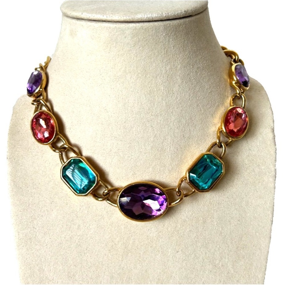 VTG 1990s Trifari TM Runway Statement Necklace Huge Faceted Multicolor Glass